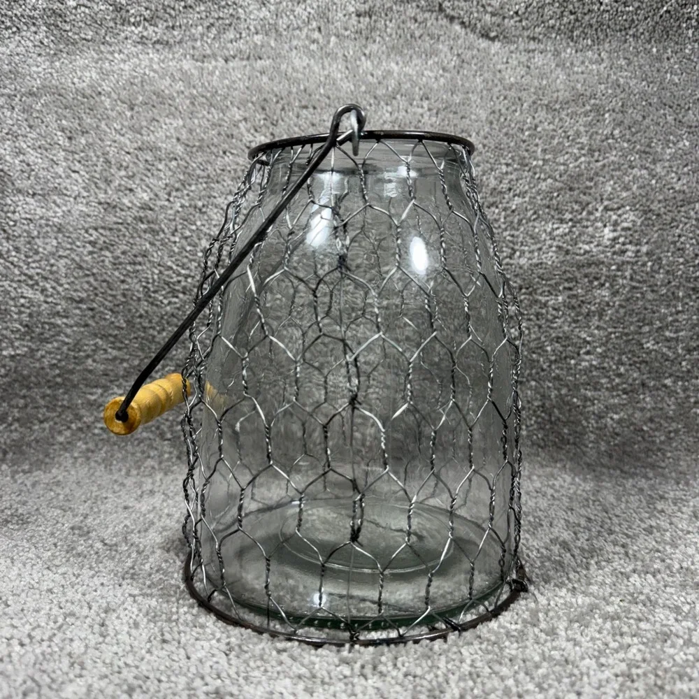 Lantern Cloche Clear Glass Chicken Wire Wood Handle Farmhouse Decor
